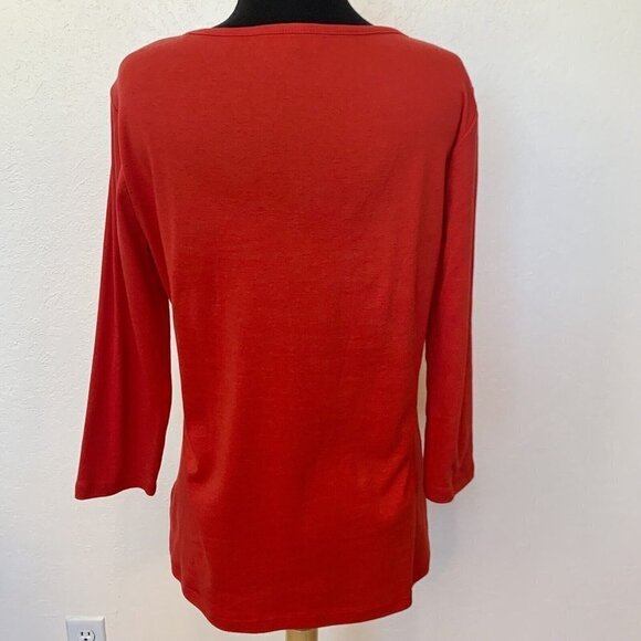 Ellen Tracy tunic top SZ LG Red ¾ sleeve blouse with keyhole neckline Cotton - Picture 5 of 6